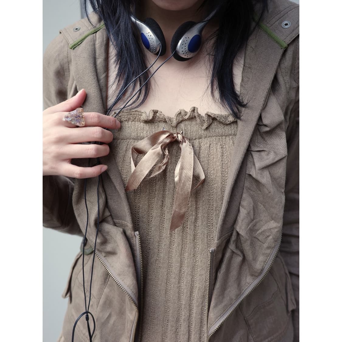 빈티지 카키 슬리브리스 스커트 상품이미지1