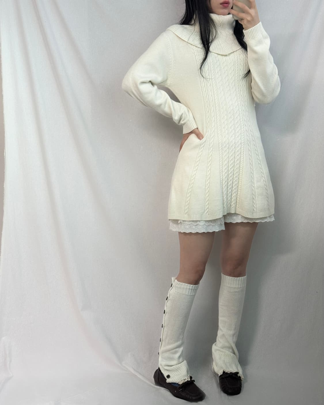 울 블렌디드 오프 숄더 폴라 넥 투웨이 케이블 니트 원피스 상품이미지5