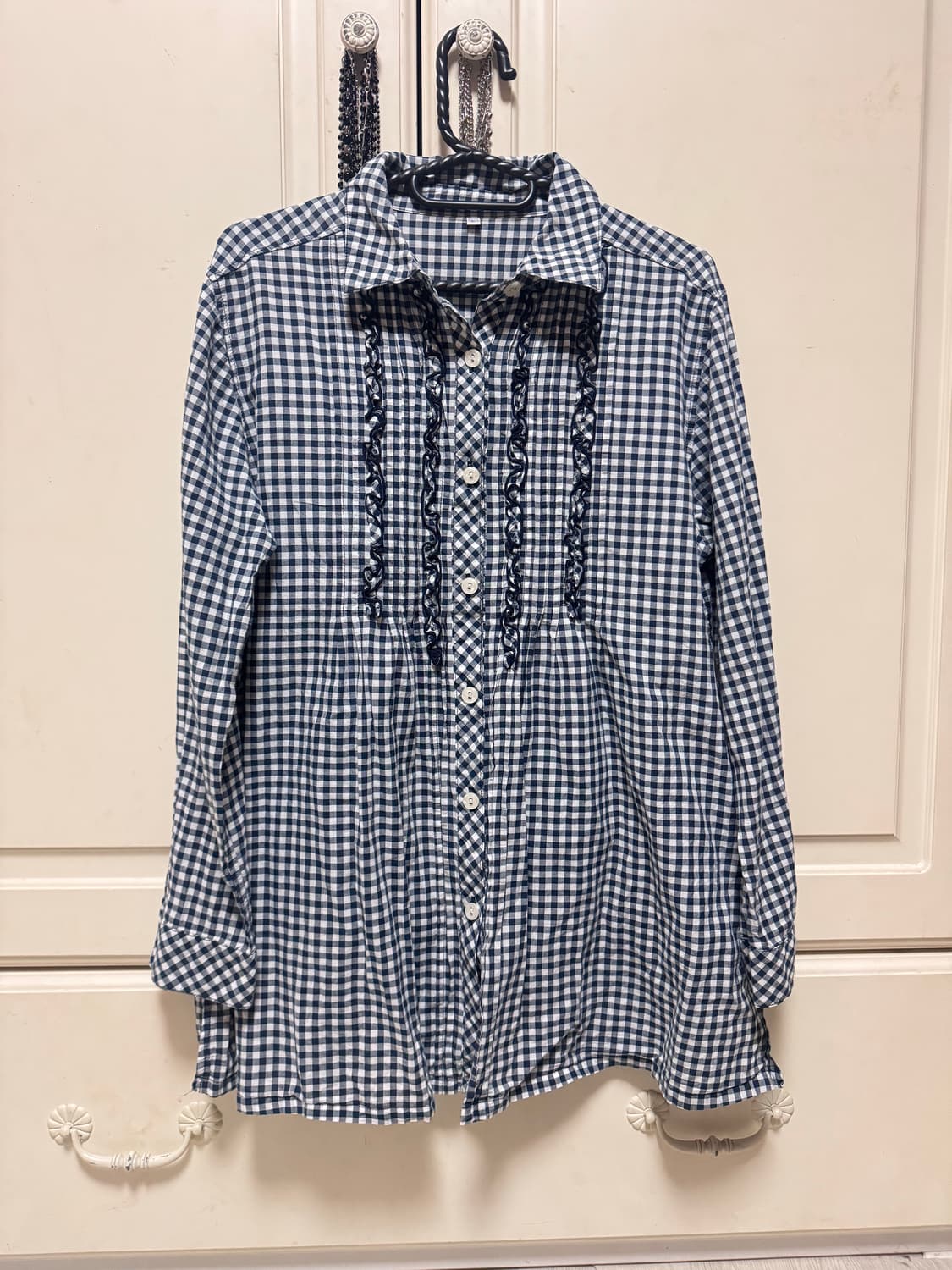 빈티지 모리걸 하구미 깅엄 체크 프릴 긴팔 블라우스 상품이미지1
