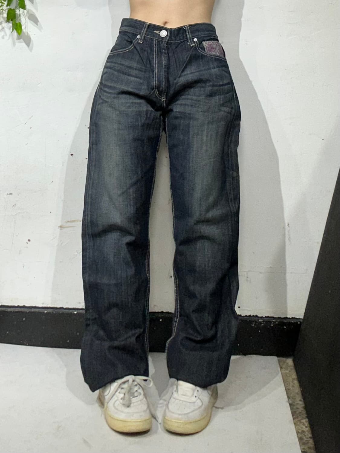 일본 빈티지 진청 와이드 패이즐리 패턴 청바지 워싱 데님 팬츠  상품이미지3