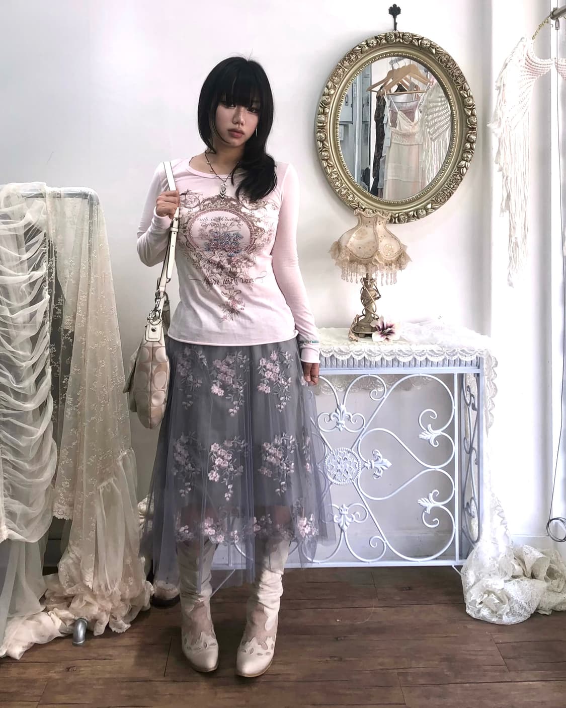 pink floral embroidery tulle skirt 상품이미지4