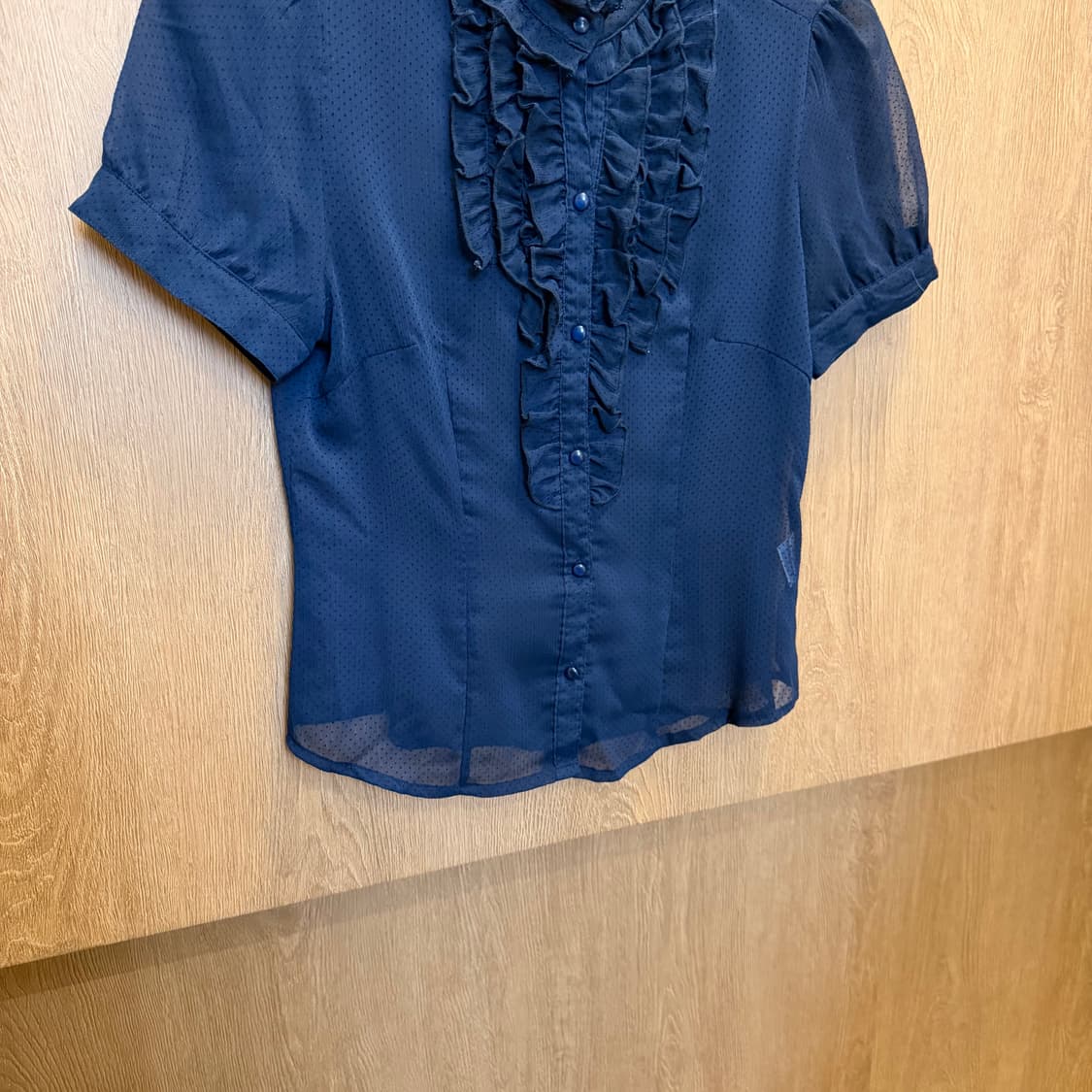 빈티지 하이넥 프릴 반팔 블라우스 도트 시스루 디테일 네이비 상품이미지4