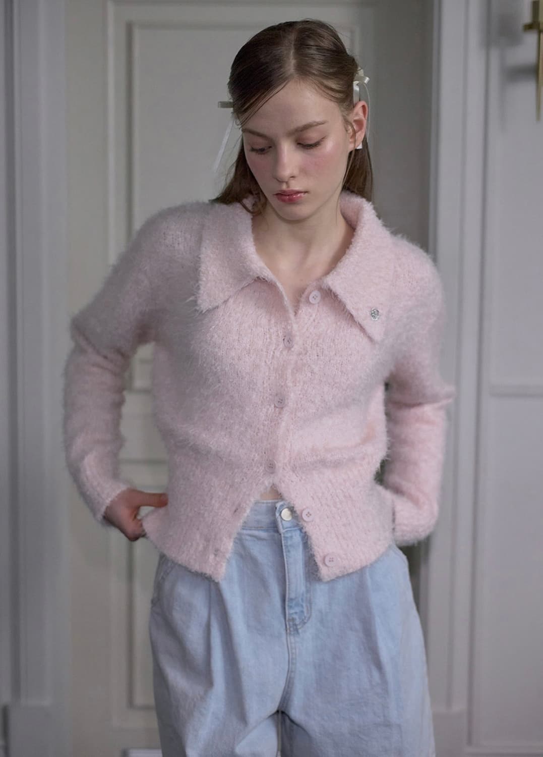 hairy collar knit cardigan(pink) 상품이미지2