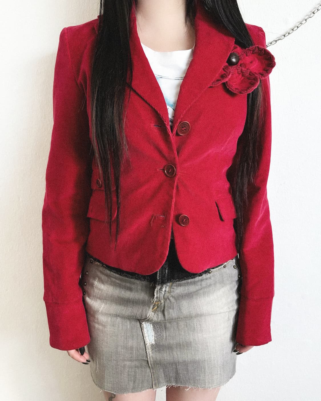 모스키노 by 제레미스캇 레드 플라워 브로치 핀코듀로이 크롭컷 자켓 상품이미지3