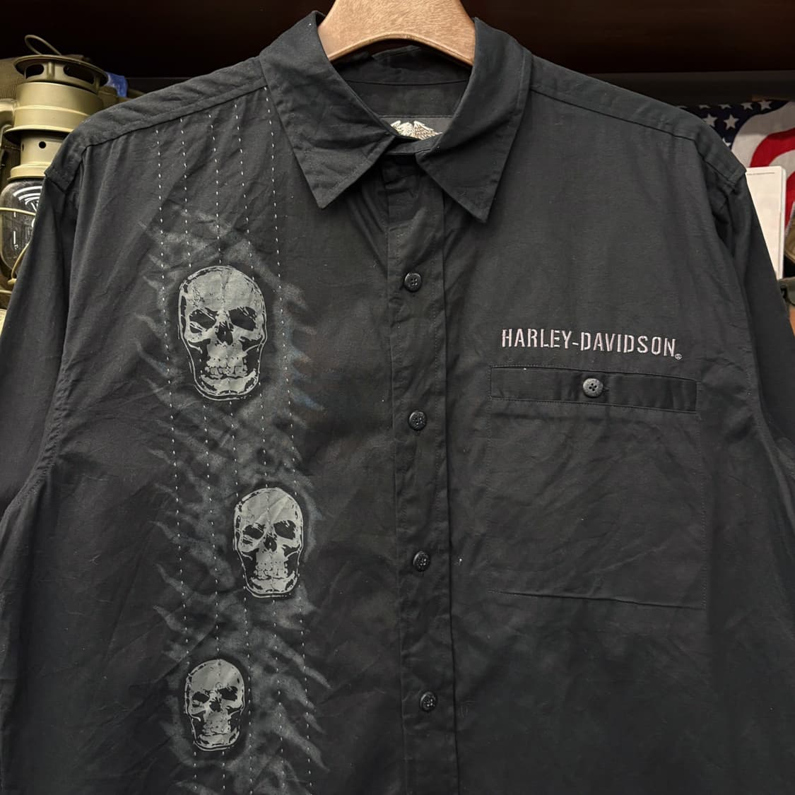 00s 할리데이비슨 Y2K 스티치라인 스컬모티브 그래픽 워크셔츠 N278 상품이미지3
