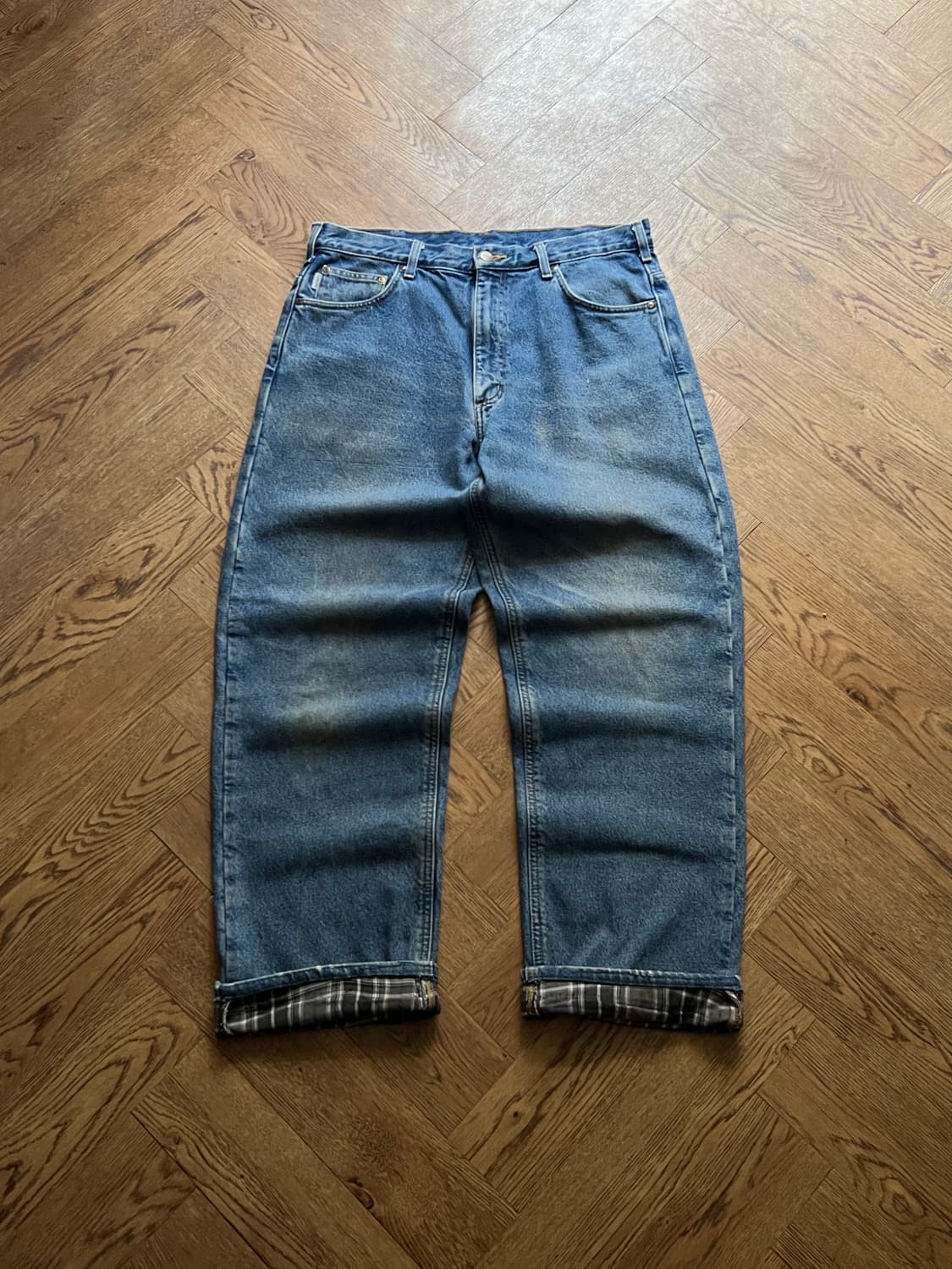 [36]칼하트 USA 빈티지 워싱 체크 라이닝 워크 데님 팬츠 상품이미지1