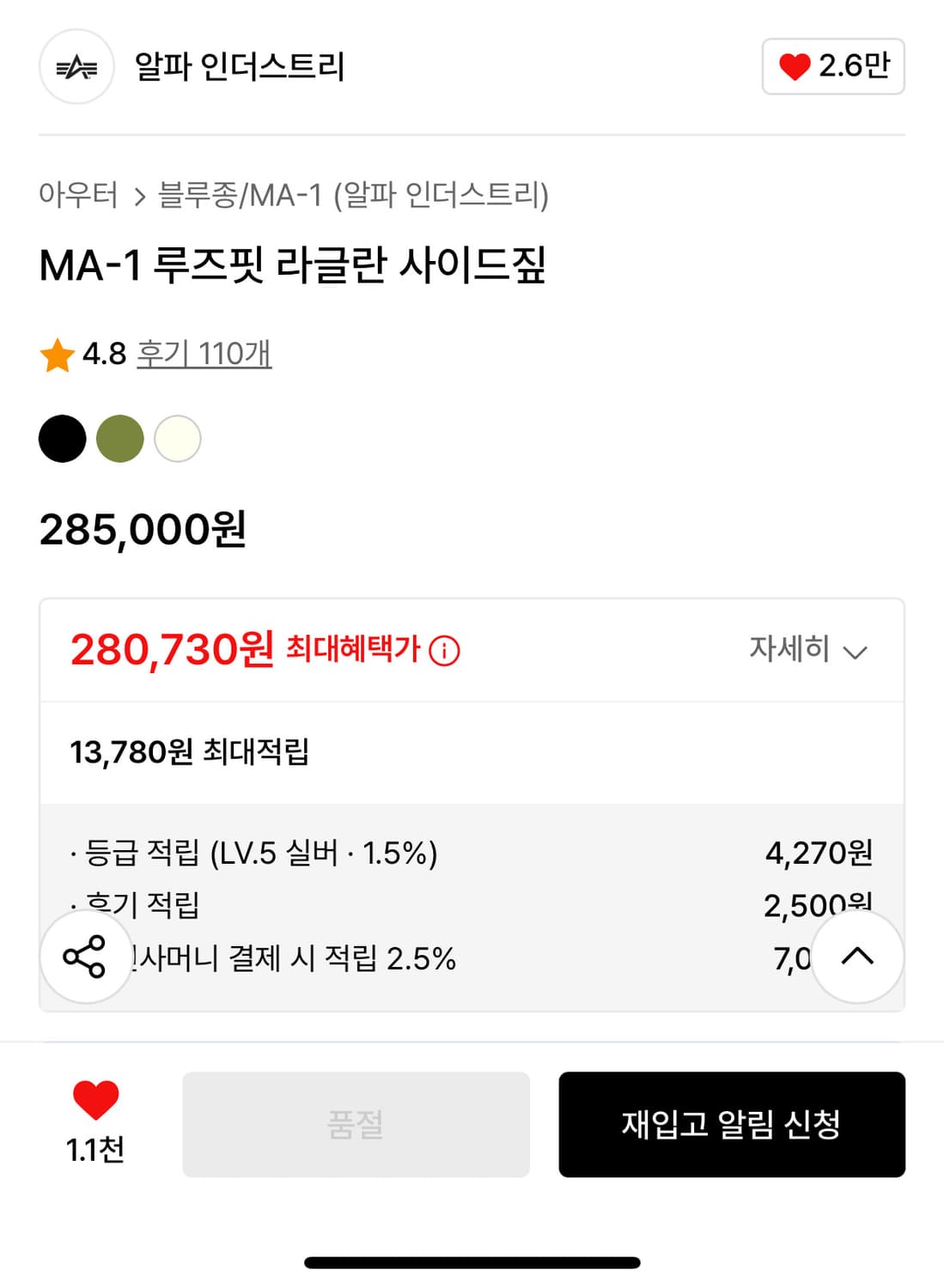 알파인더스트리 MA-1 루즈핏 라글란 사이드짚(M) 상품이미지2