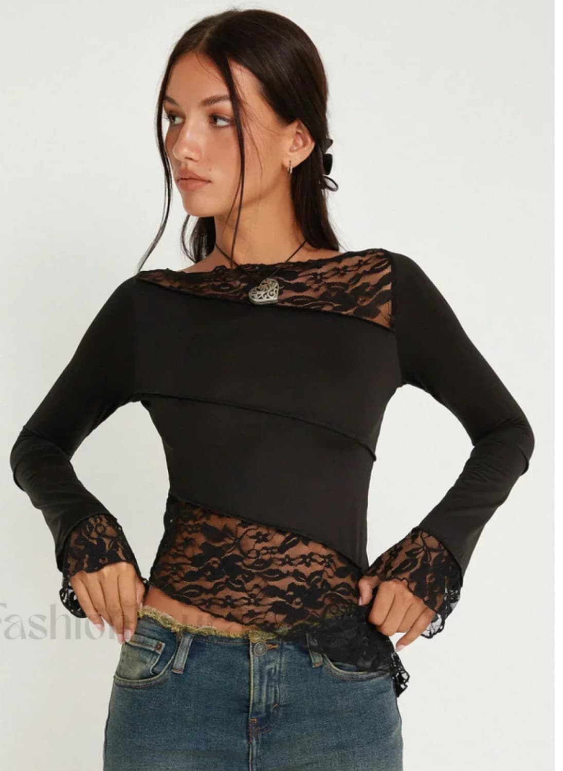 Motel rocks 레이스 긴팔 티셔츠 블랙 XS 상품이미지1