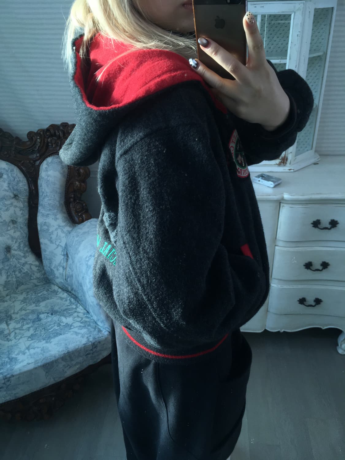 일본빈티지 차콜 후드 패치 자수 베어 후드 점퍼 상품이미지3