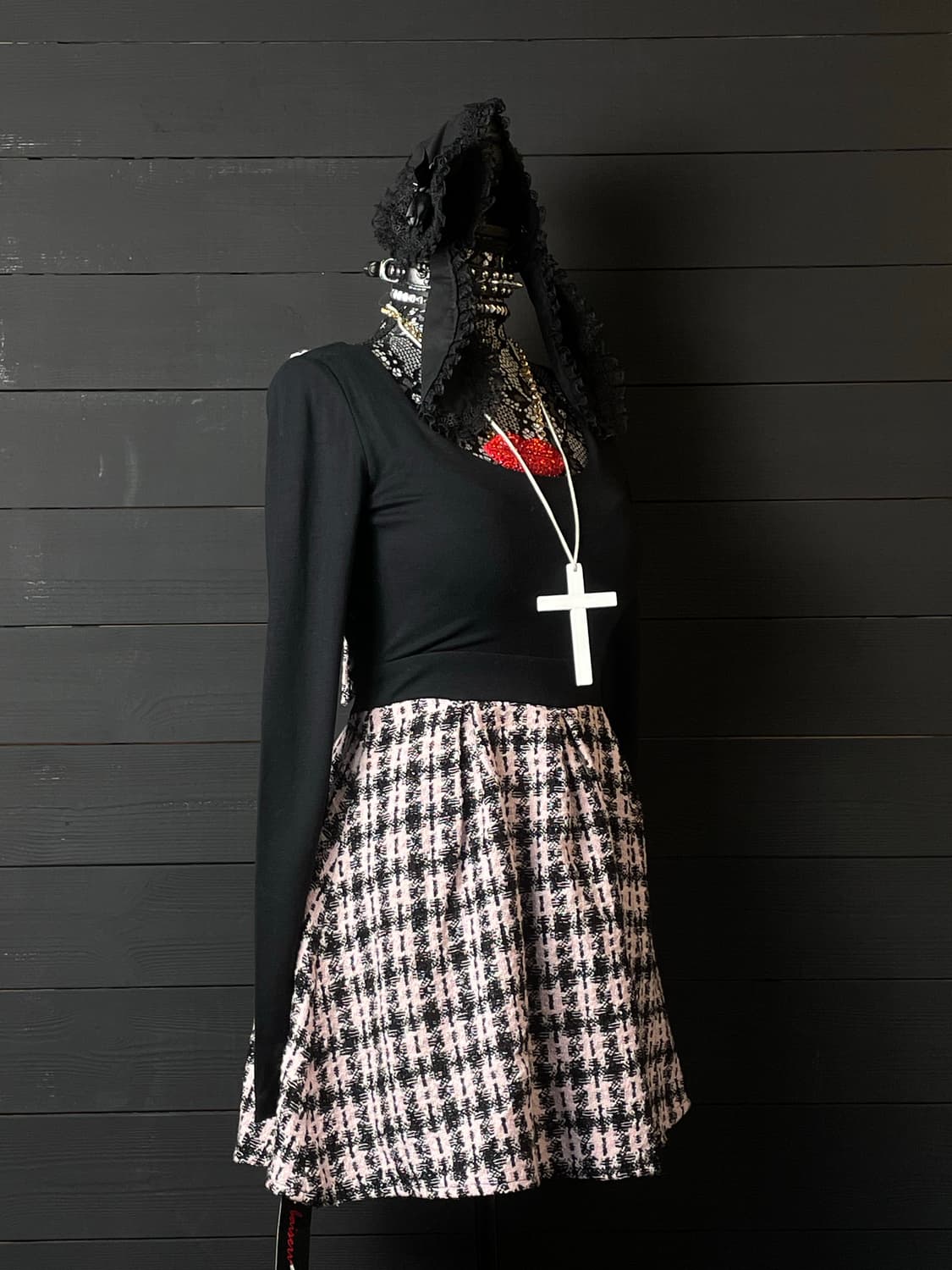 JPN 연핑크 히메갸루 트위드 블랙 리본 원피스 상품이미지4