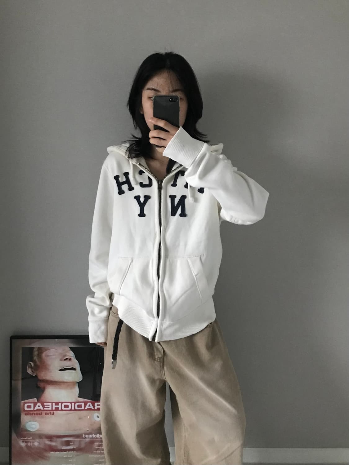 아베크롬비 자수로고 화이트 헤비코튼 후드집업 상품이미지1