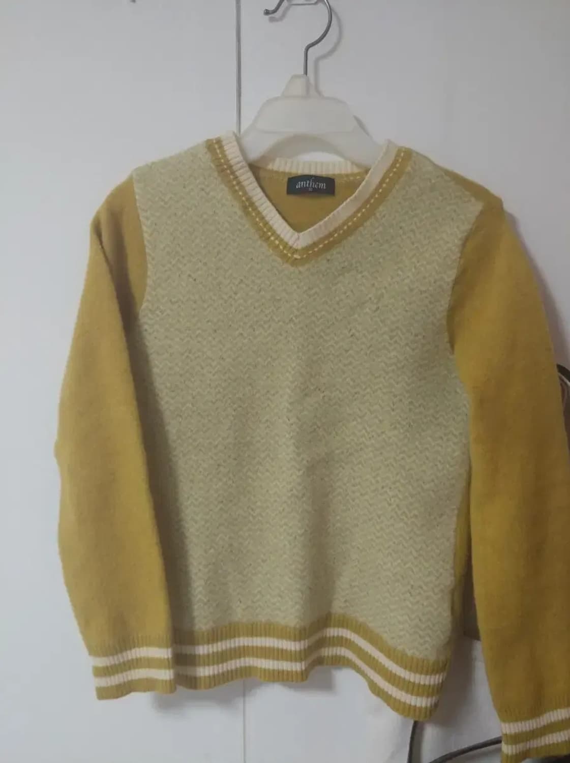 브이넥 헤링본 배색 봄가을 니트 머스터드 노랑 90 상품이미지1