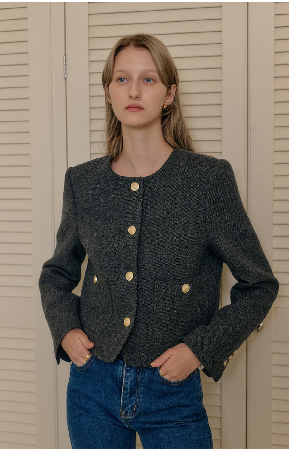 룩캐스트 베이비 알파카 트위드 자켓 차콜 S(안감누빔O) 정가 268,0 상품이미지1