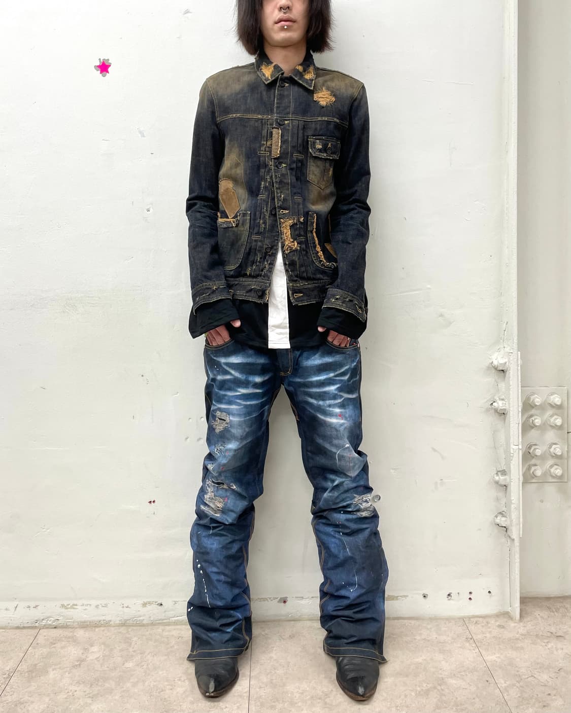 Distressed patchwork washed denim jacket 상품이미지4