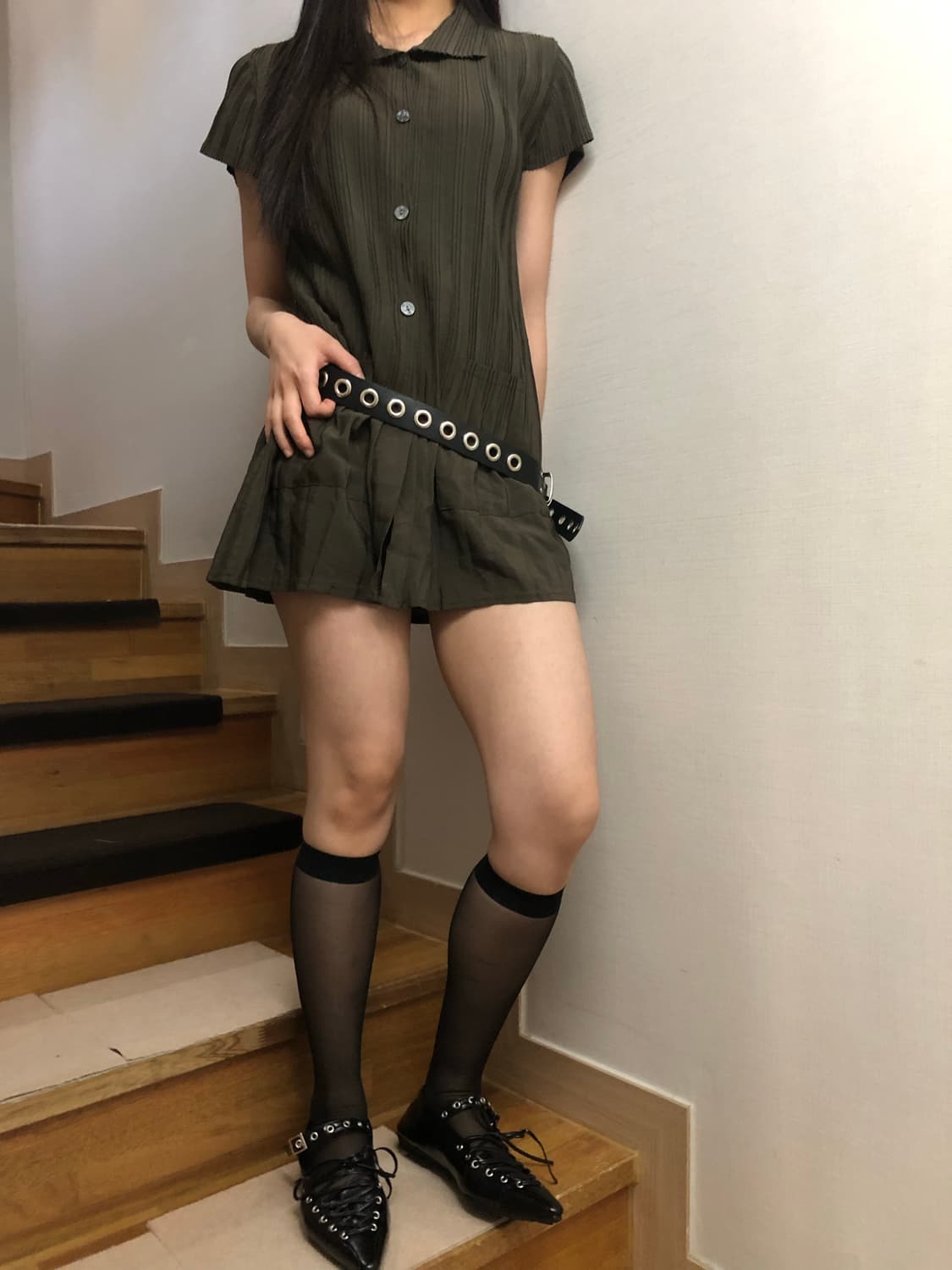 빈티지 카키 플리츠 미니 원피스 상품이미지6