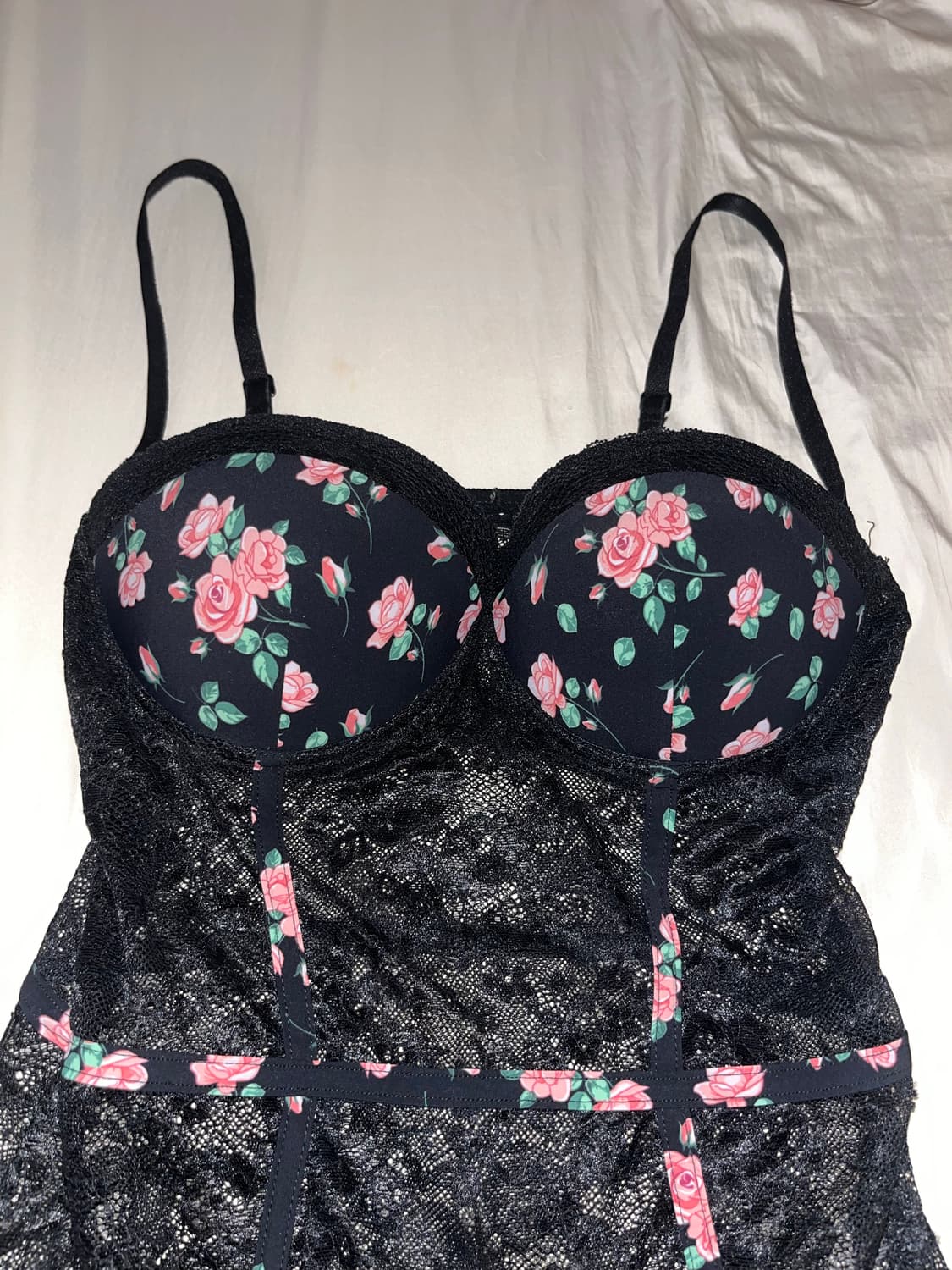 블랙 플로럴 망사 레이스 바디수트 가터 코르셋 슬립 상품이미지4