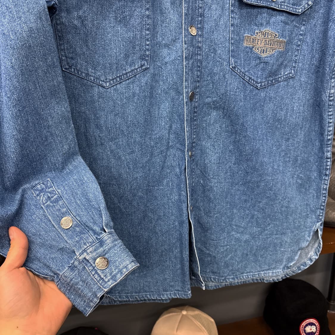 90s 할리데이비슨 바이커블루스 헤비데님 워크셔츠 데드스탁 N965 상품이미지4