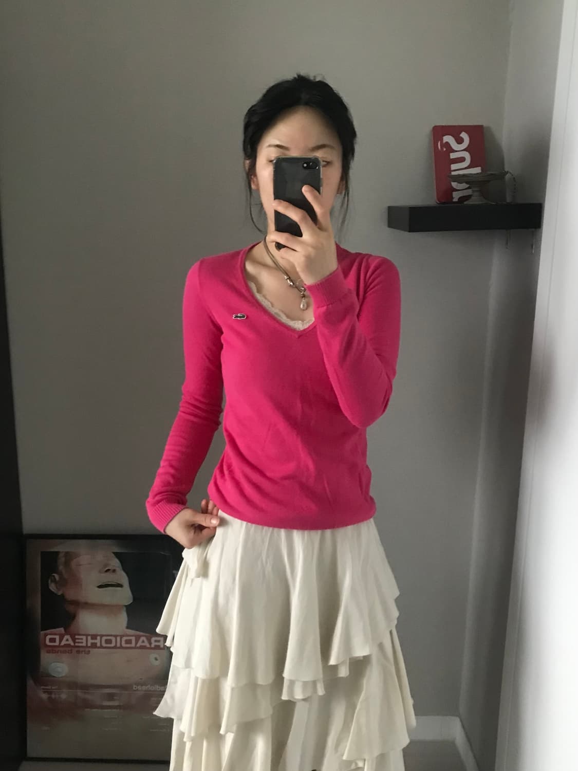 라코스테 로고 핑크 브이넥 니트 상품이미지2