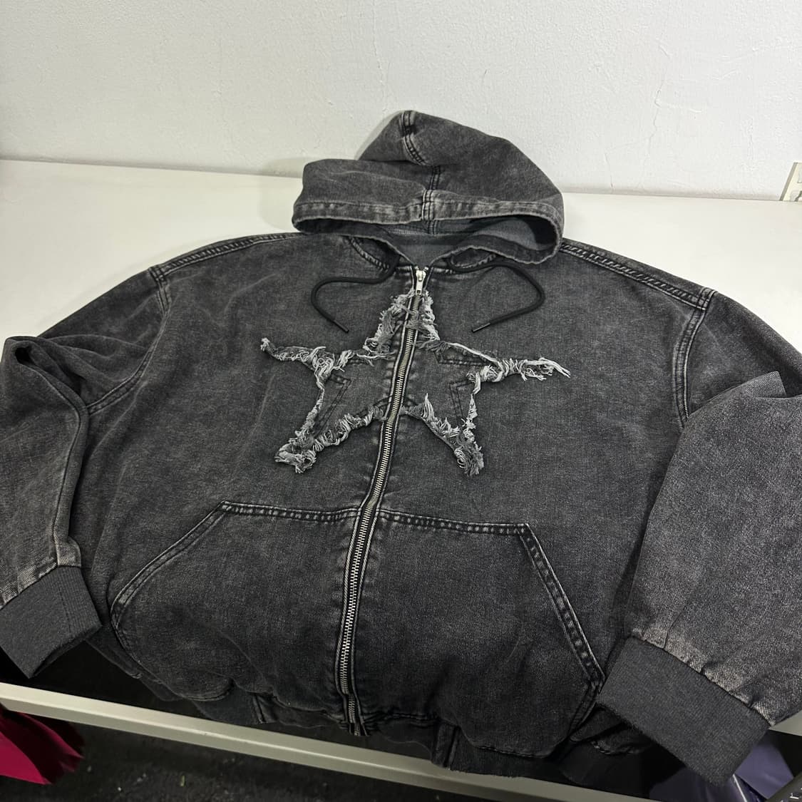 FREE ROMWE 흑청 스타 워싱 데님 후드집업 상품이미지3