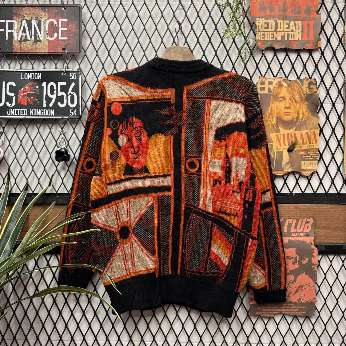 90s USA VINTAGE 울 니트 초상화 아트 그래픽 스웨터 오렌지 상품이미지2