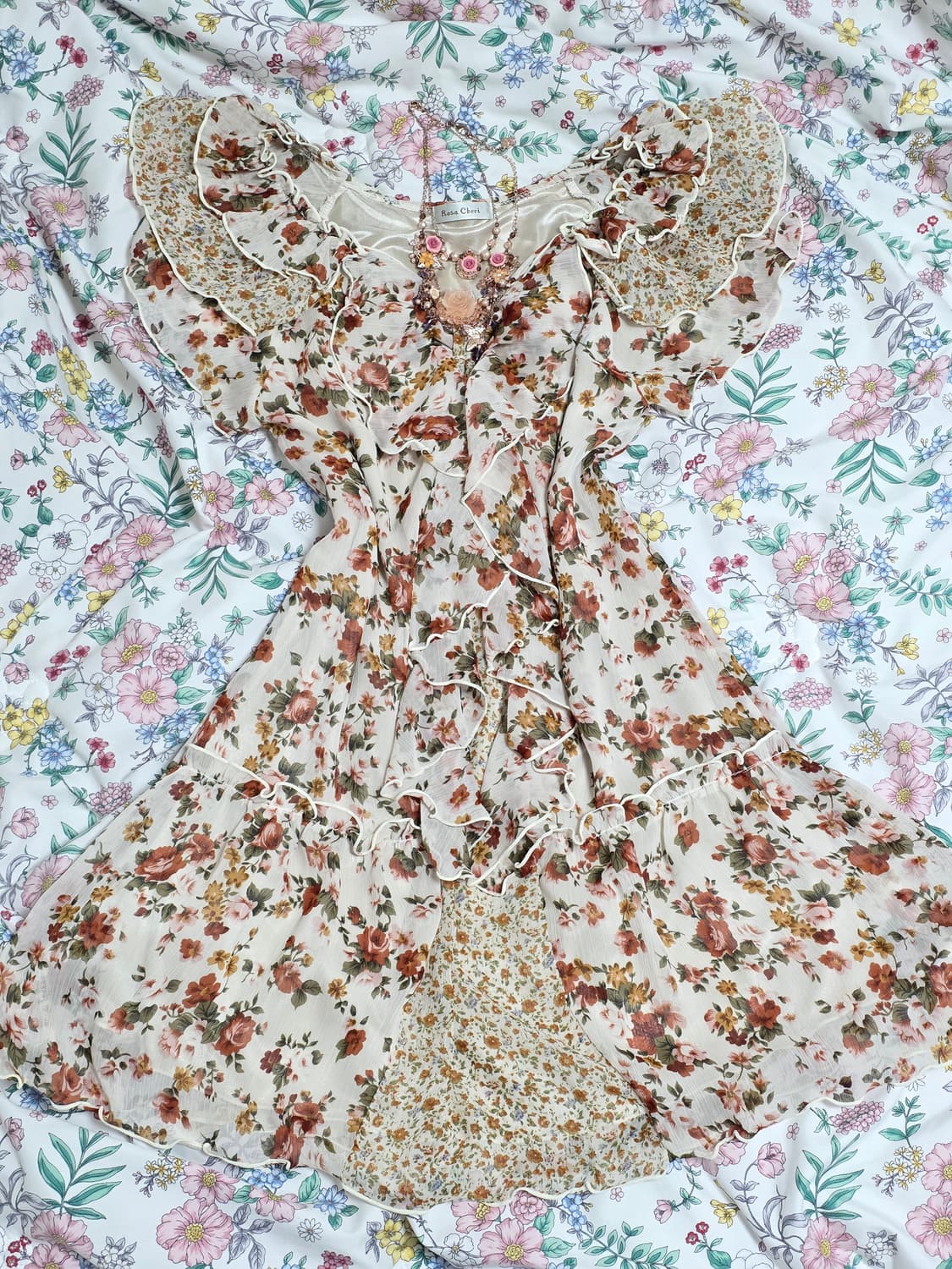 로사체리 일본빈티지)빅리본 스즈코모리걸 고전 로즈플로럴 프릴레이어드원피스 상품이미지3