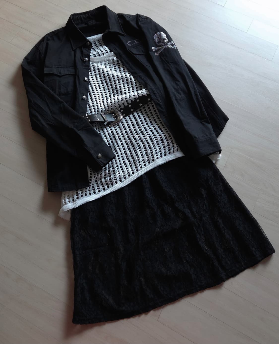 스터드 스컬 펑크 나나깔 무채색 코디 세트 상품이미지2