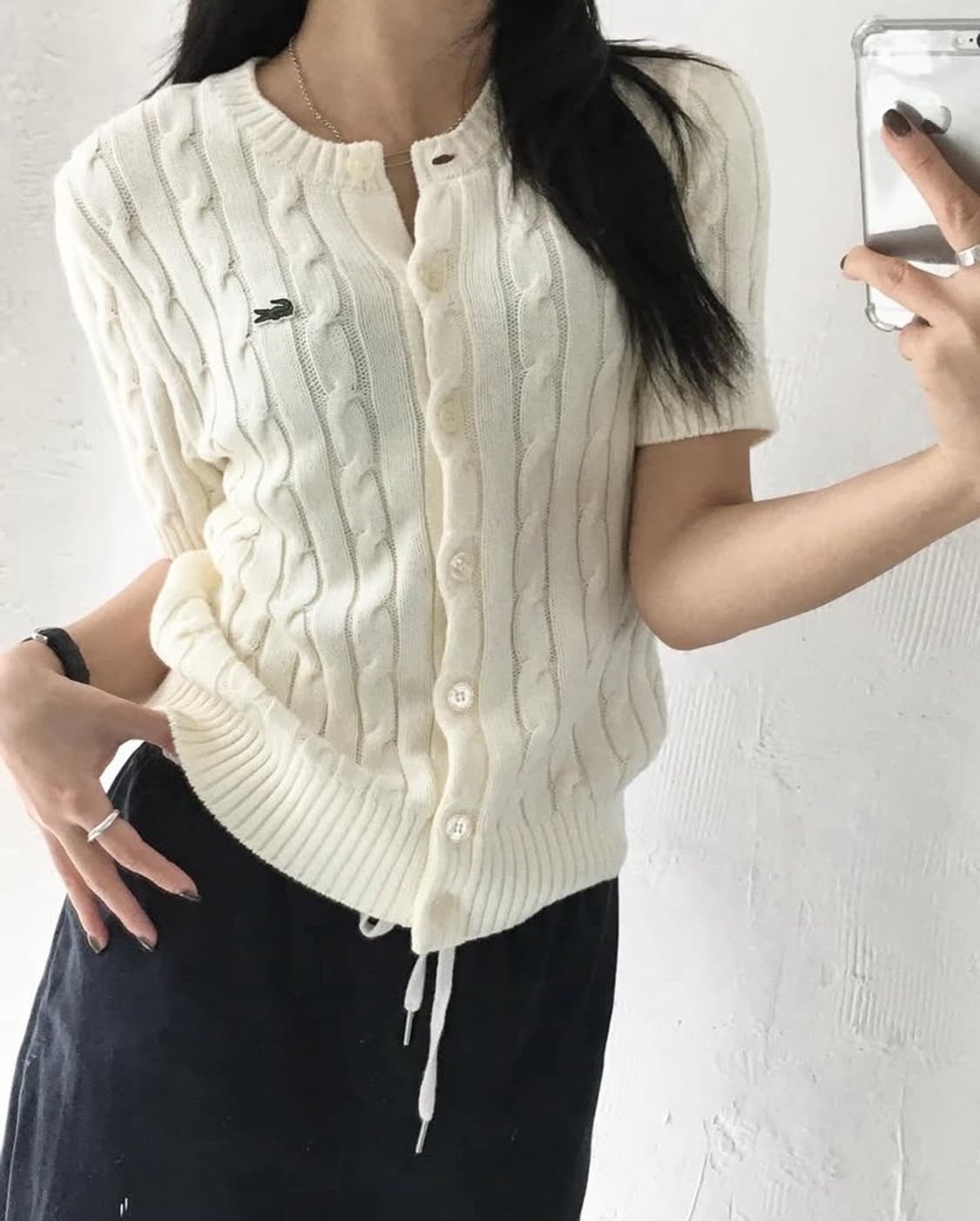 Lacoste 라코스테 코튼 아이보리컬러 케이블 반팔 가디건 상품이미지1