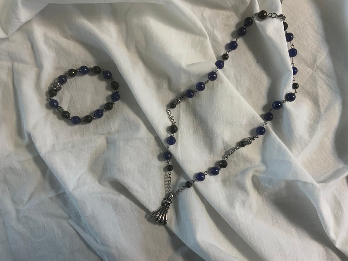 (수공예) 스컬 해골 목걸이 블루 팔찌 세트 상품이미지1