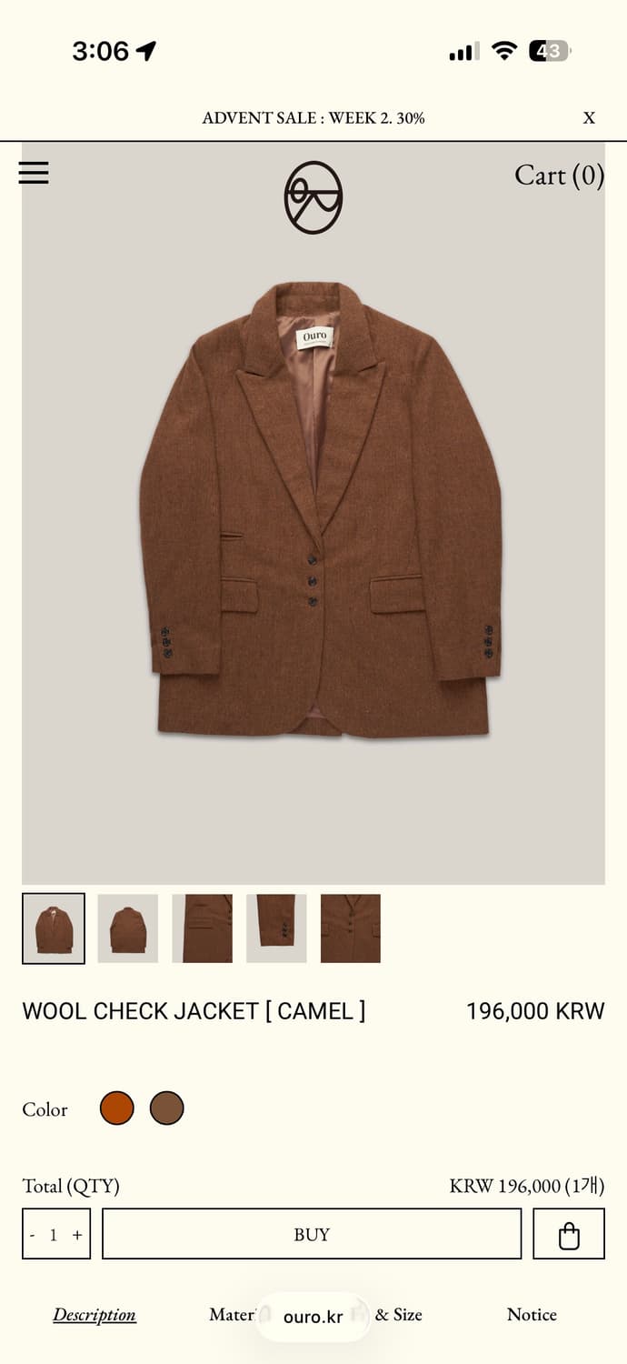 아우로 ouro WOOL CHECK JACKET [ CAMEL ] 상품이미지1