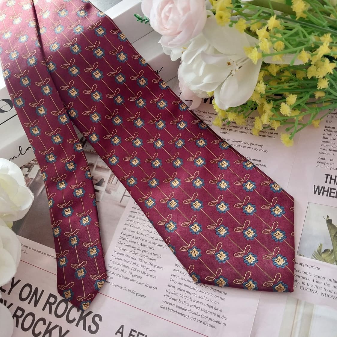 에스까다 실크 브라운 플라워 자카드 넥타이 8.9cm A+등급 K1313 상품이미지2