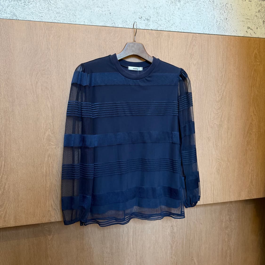 빈티지 긴팔 블라우스 쉬폰 시스루 스트라이프 배색 디테일 네이비 상품이미지3