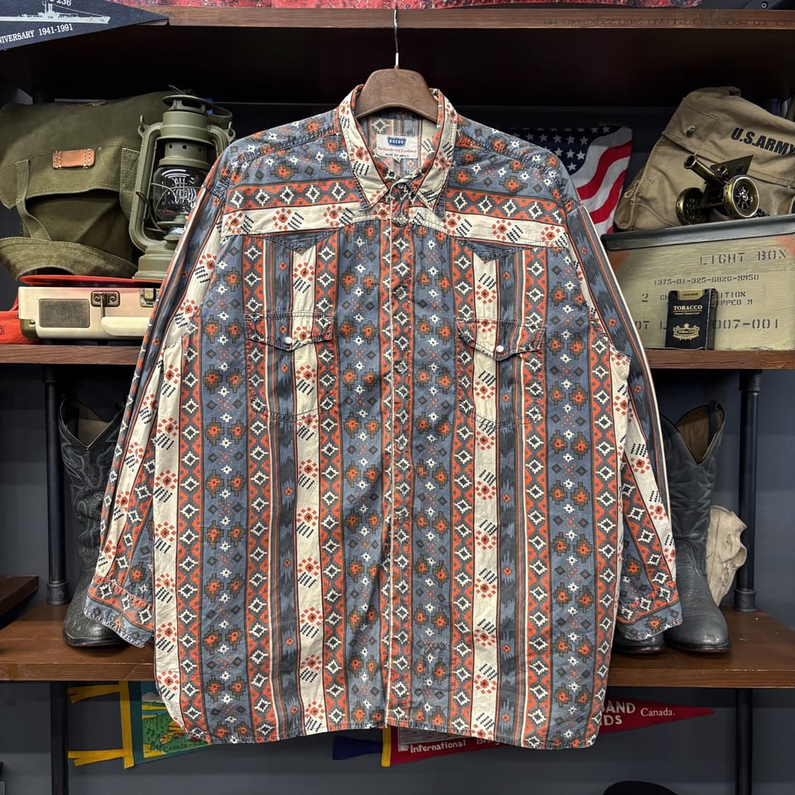 80s ROCKY 올오버 네이티브 아메리칸 아즈텍패턴 웨스턴셔츠 N602 상품이미지1