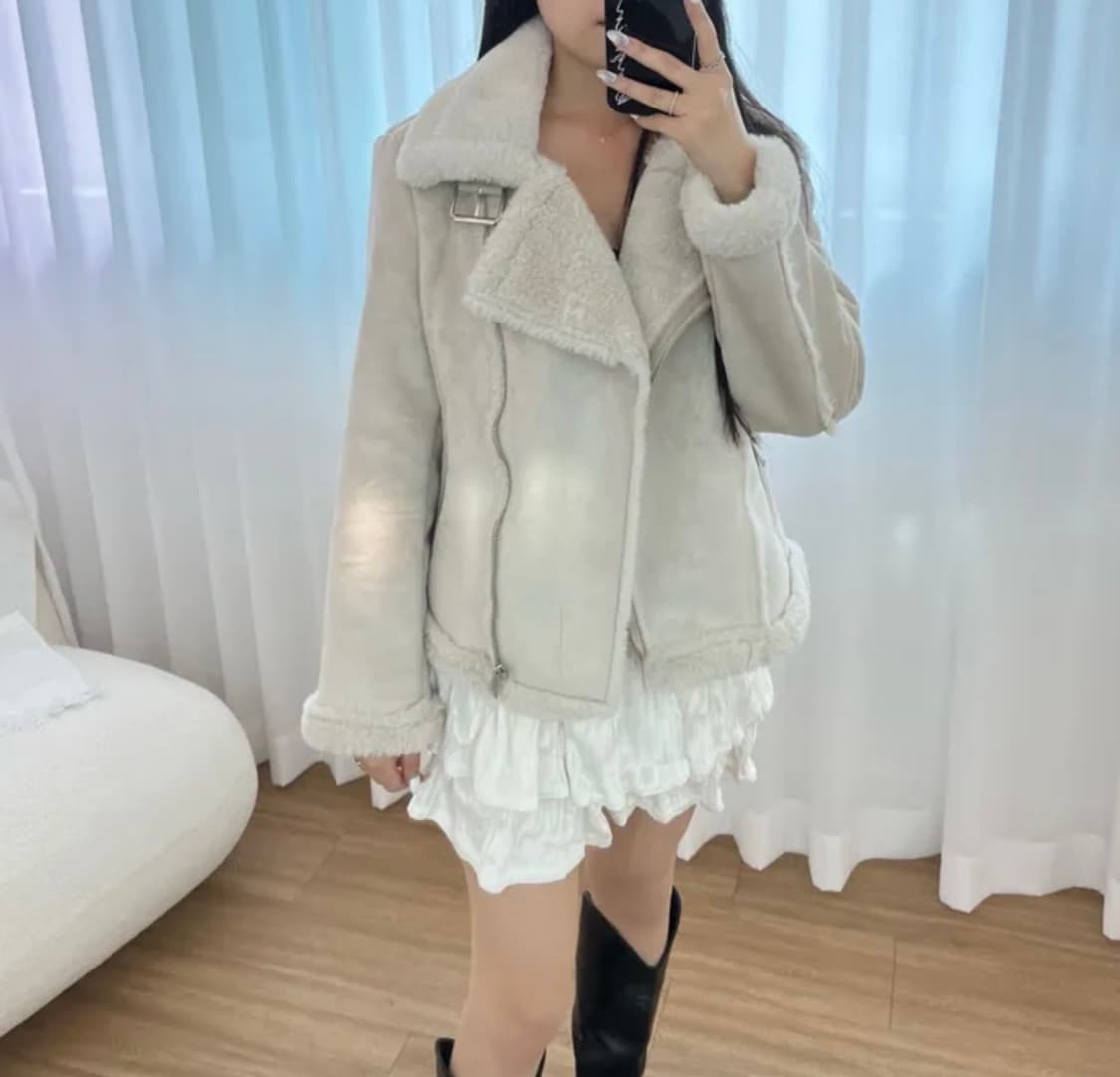 하이넥 밍크퍼 스웨이드 무스탕 연베이지 상품이미지3