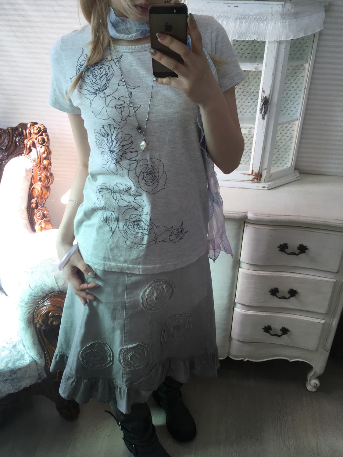 jpn vintage melange gray rose printing  상품이미지4