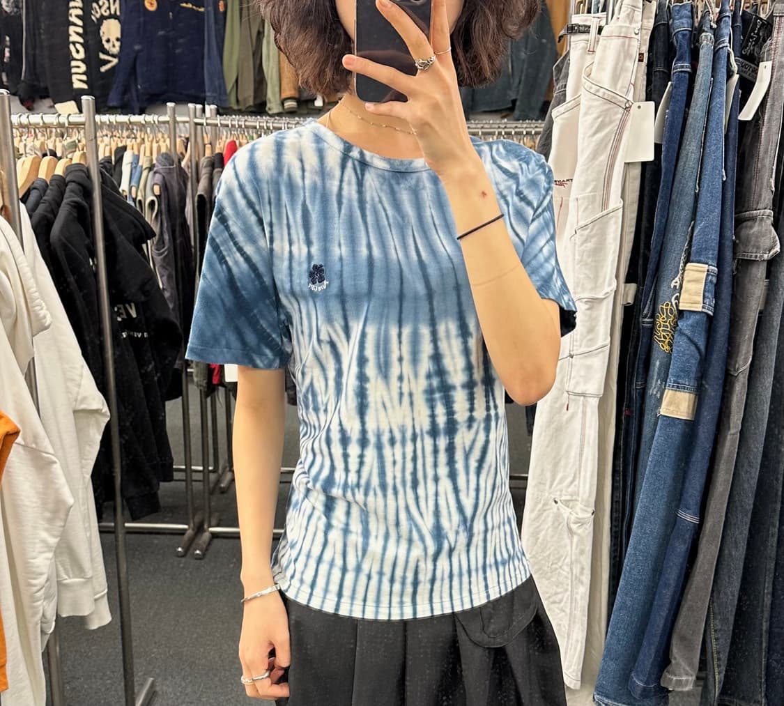 OS)Japanese vintage 화이트 블루 타이다이 패턴 반팔 상품이미지1