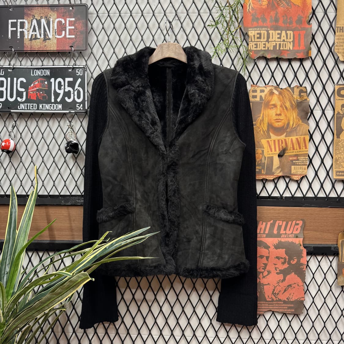 00s JPN VINTAGE 스웨이드 퍼트리밍 니트 자켓 블랙 상품이미지1