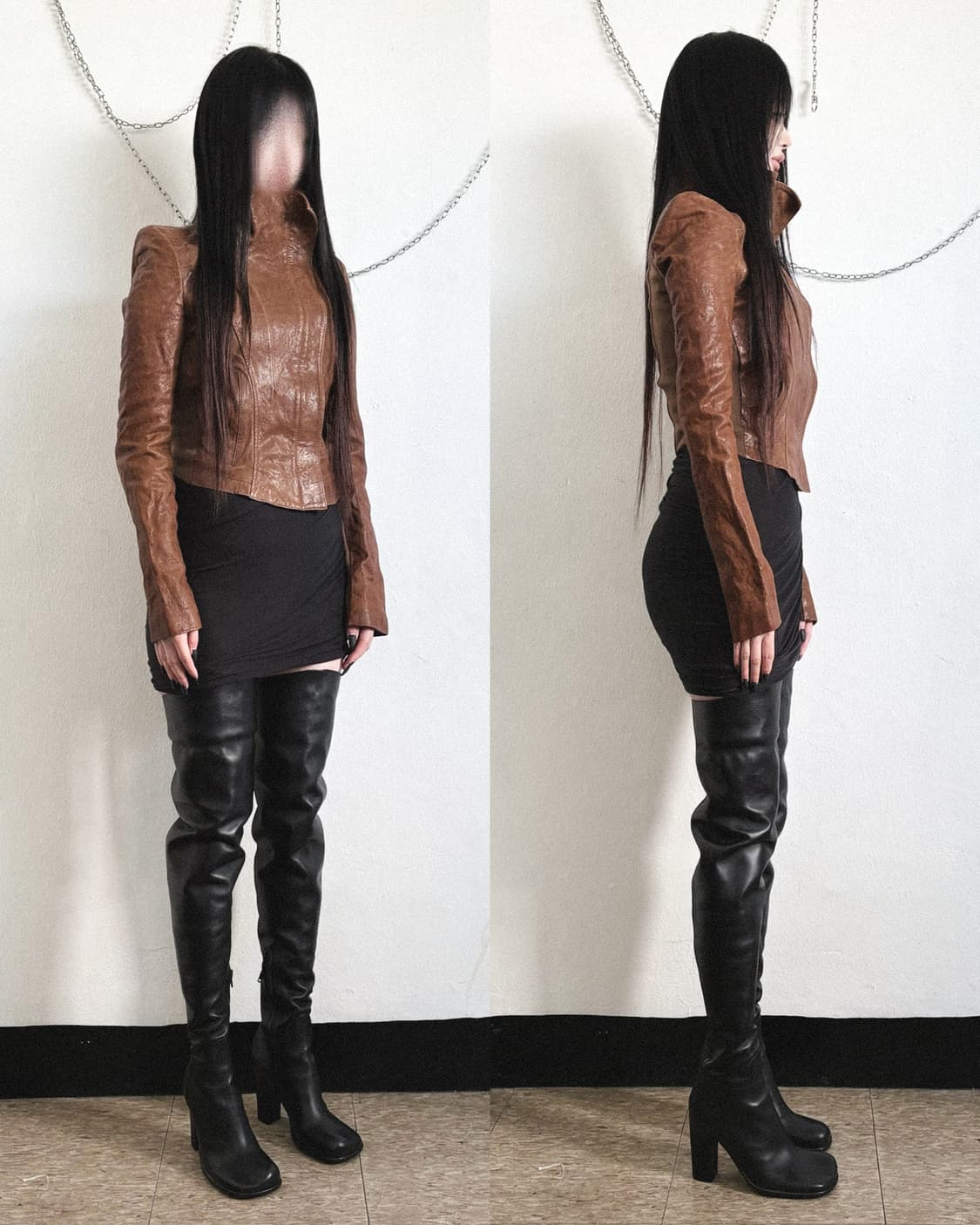 vov asymmetric 하이넥 드레이프 램스킨 라이더자켓 상품이미지3