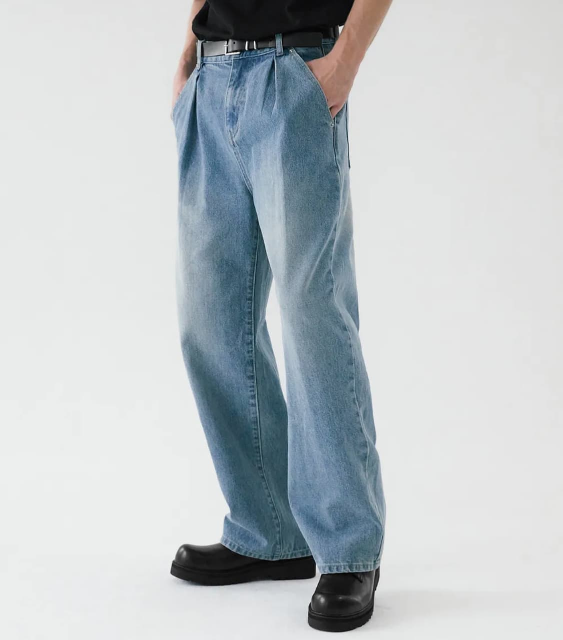 트릴리온 옐로우 워싱 리버스 턱 데님 팬츠 (LIGHT BLUE) M 상품이미지1