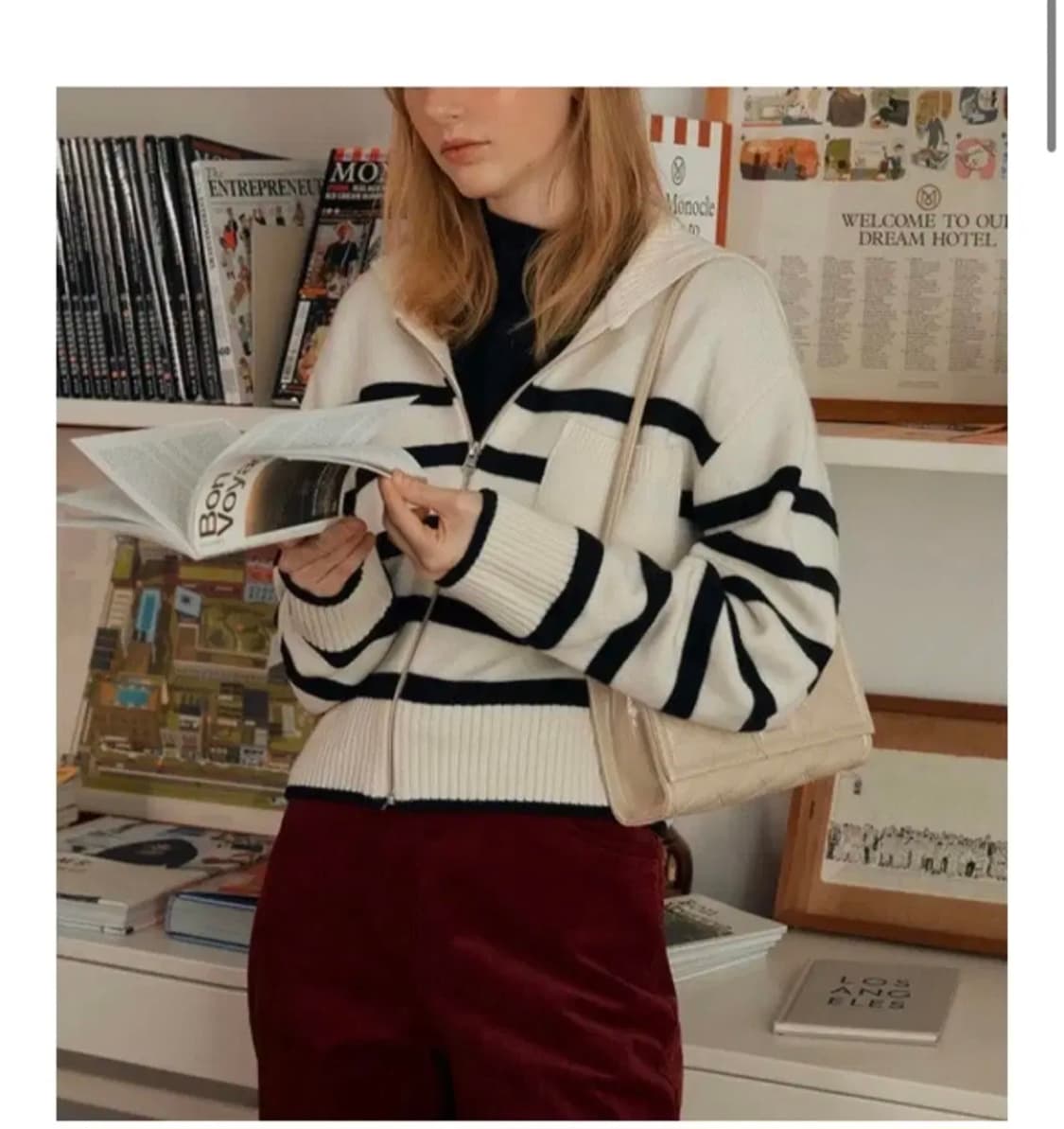 프론트로우 니트 집업 카라  가디건 스트라이프 S 상품이미지1
