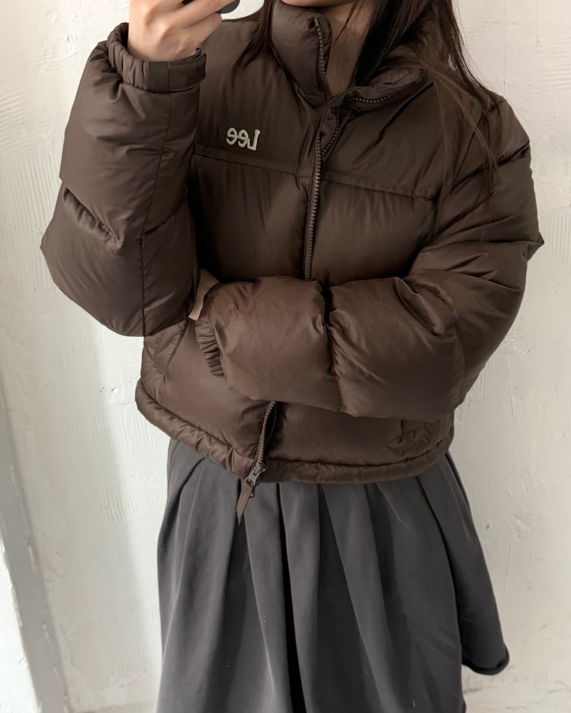 Lee 리 우먼 브라운컬러 릿지 크롭 덕다운 패딩 상품이미지1