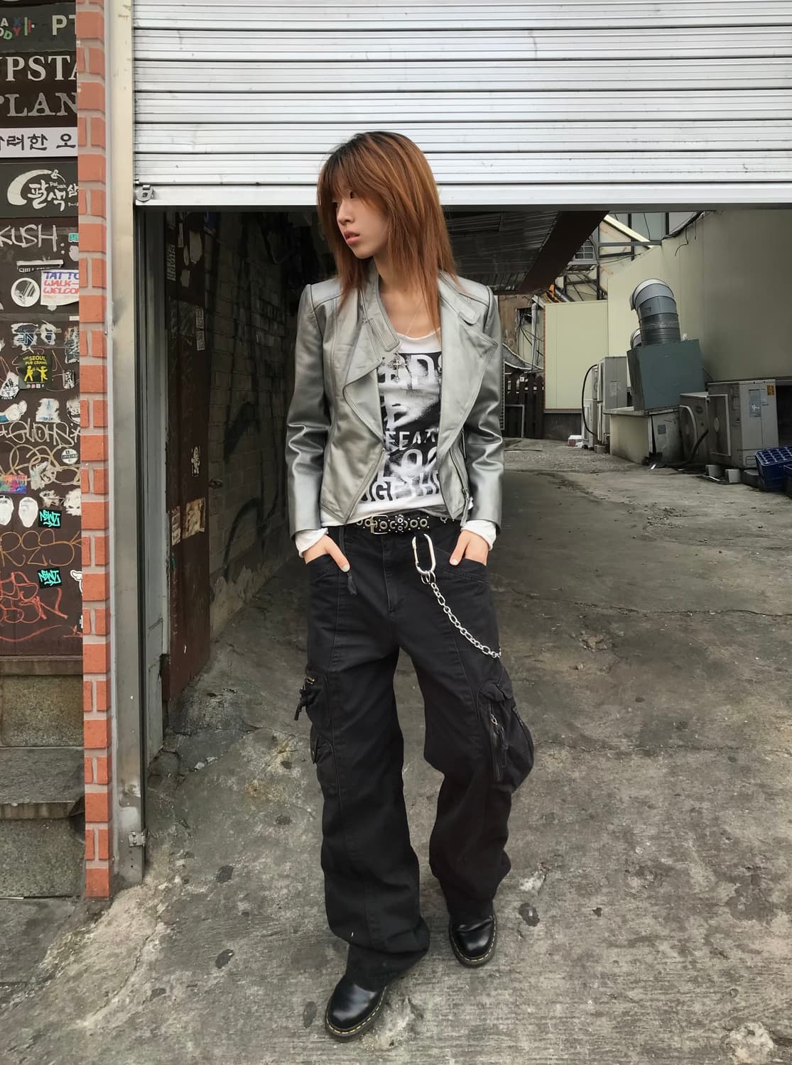 빈티지 펑크 락스타 실버 가죽자켓 코디 세트 상품이미지3