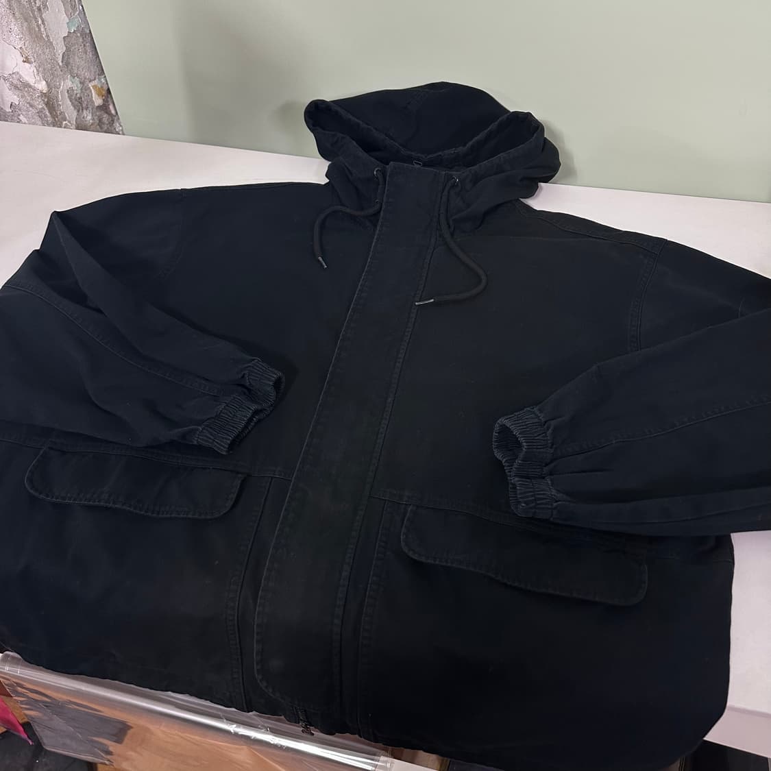 XL 코드그라피 블랙 후드 오버핏 숏야상 상품이미지1