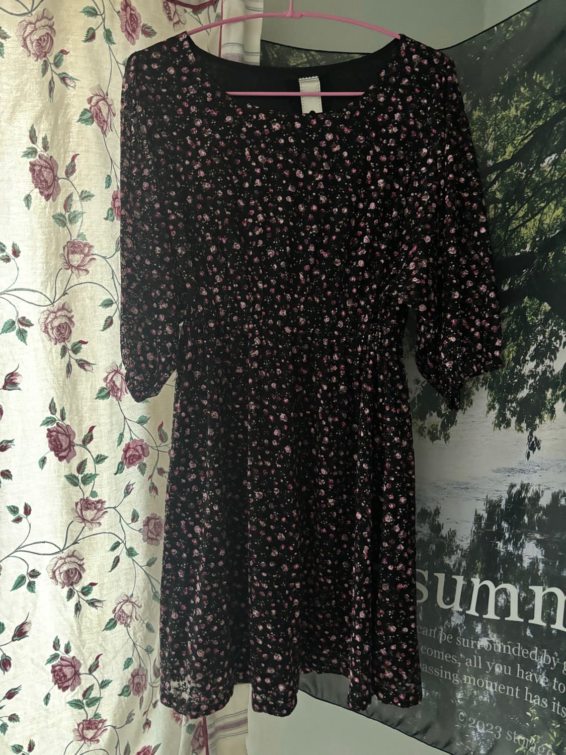 잔꽃 패턴 블랙 원피스 상품이미지1
