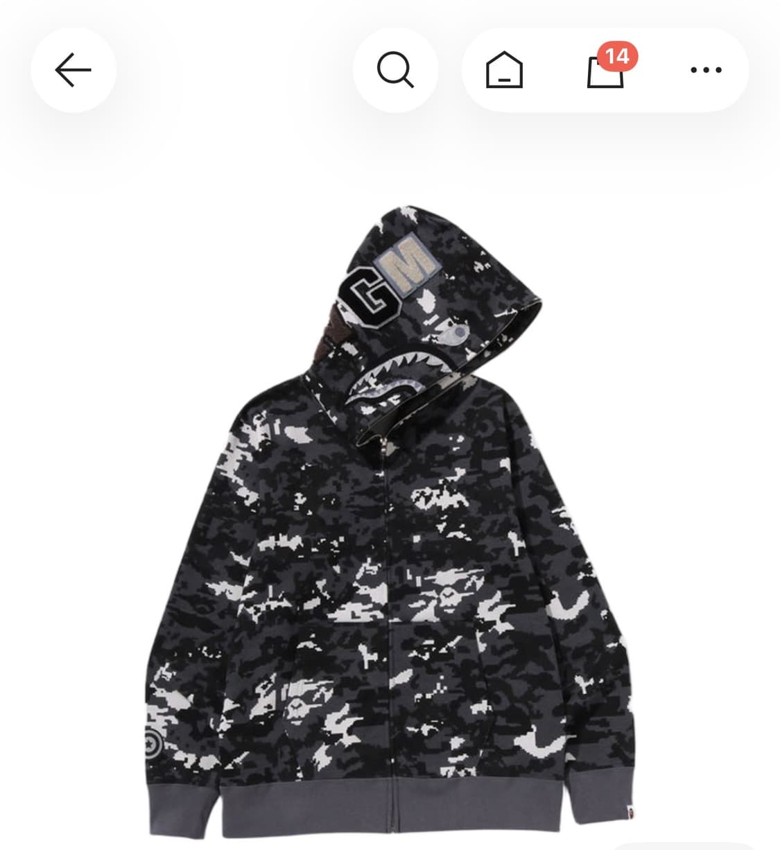 베이프 멀티 픽셀 카모 샤크 레귤러 핏 풀 집 후드 블랙 상품이미지1