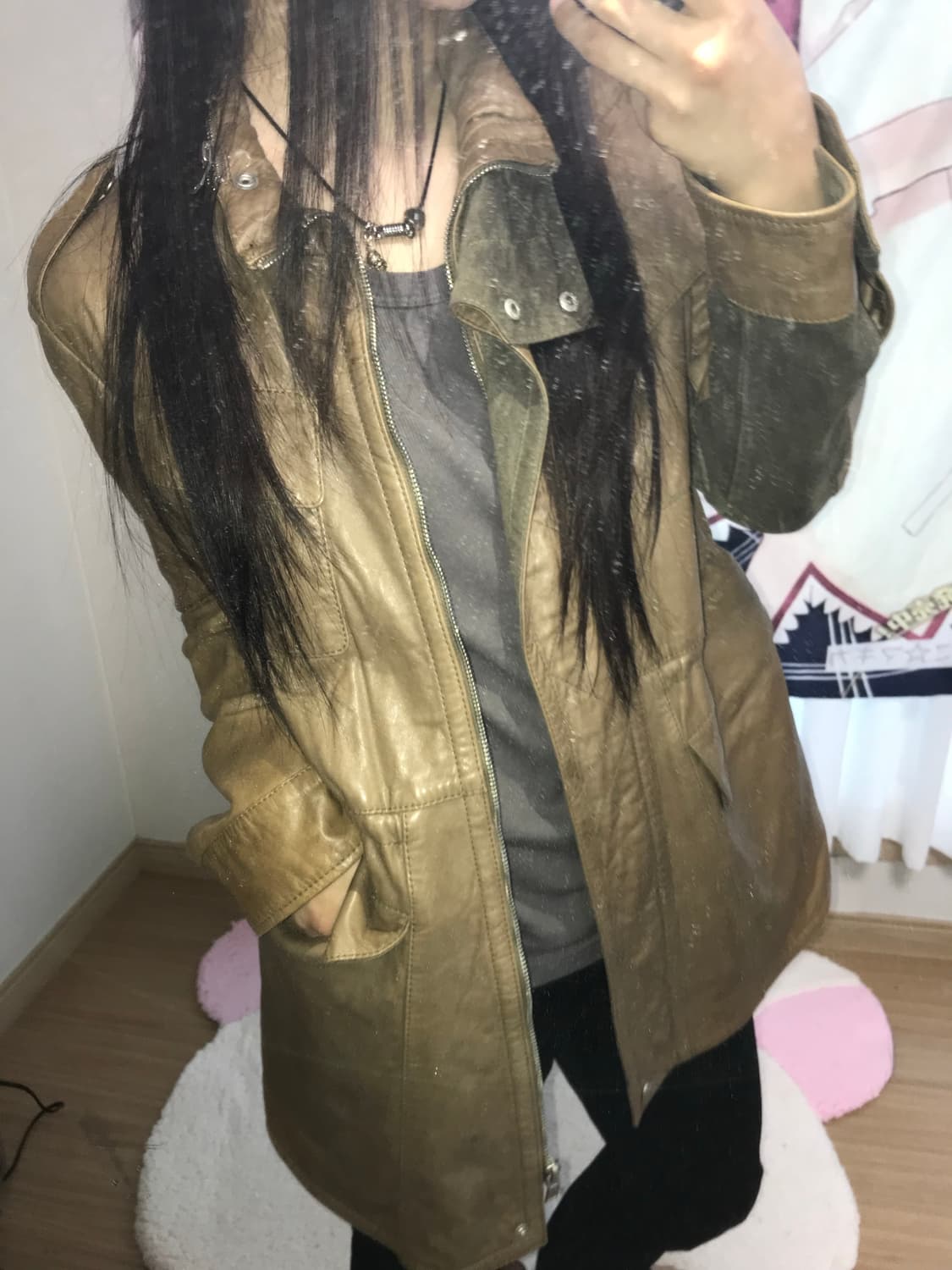 브라운 밀리터리 미디 레더자켓 상품이미지1