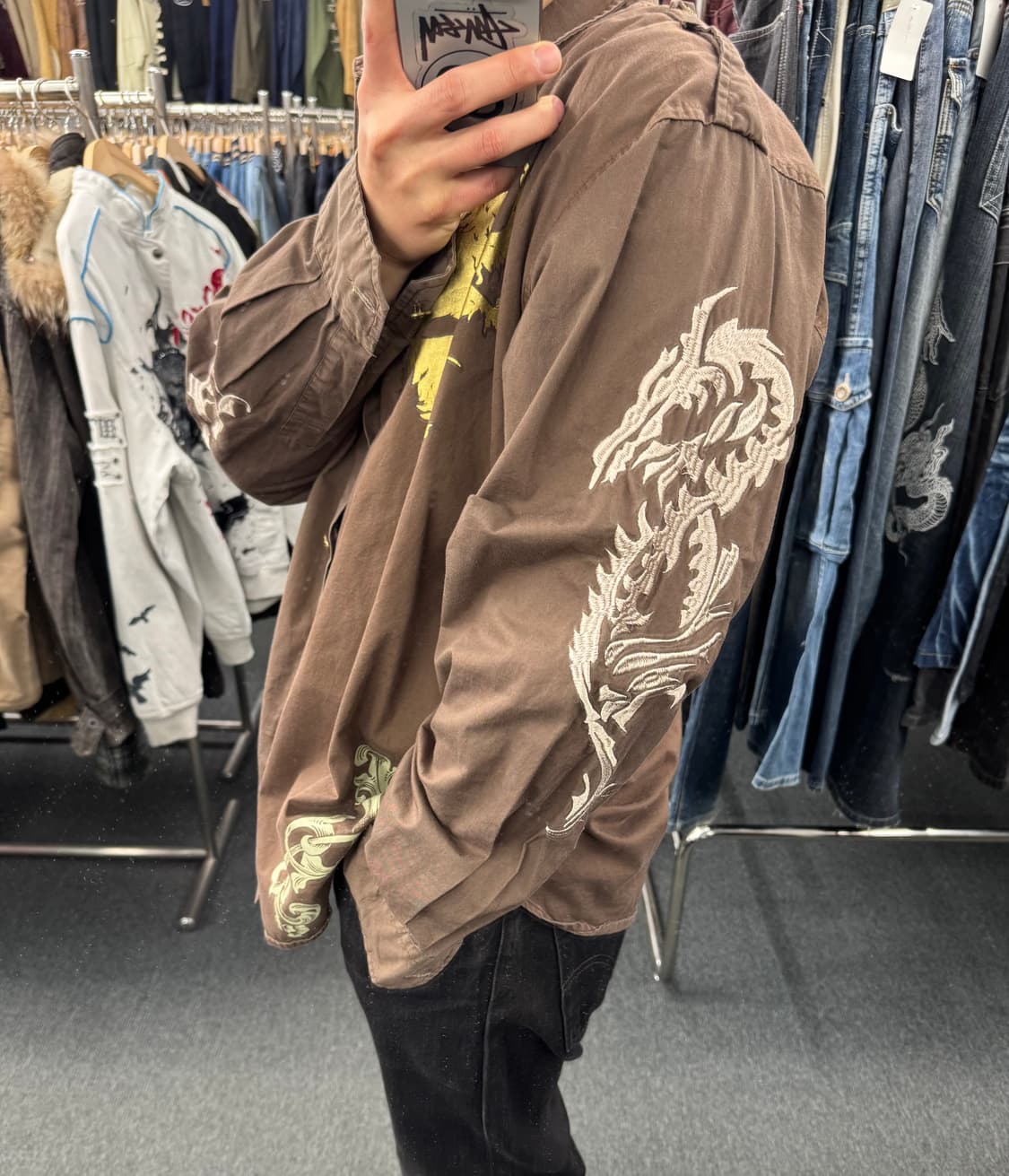 2XL)American vintage 프린팅&자수 브라운 셔츠 상품이미지2