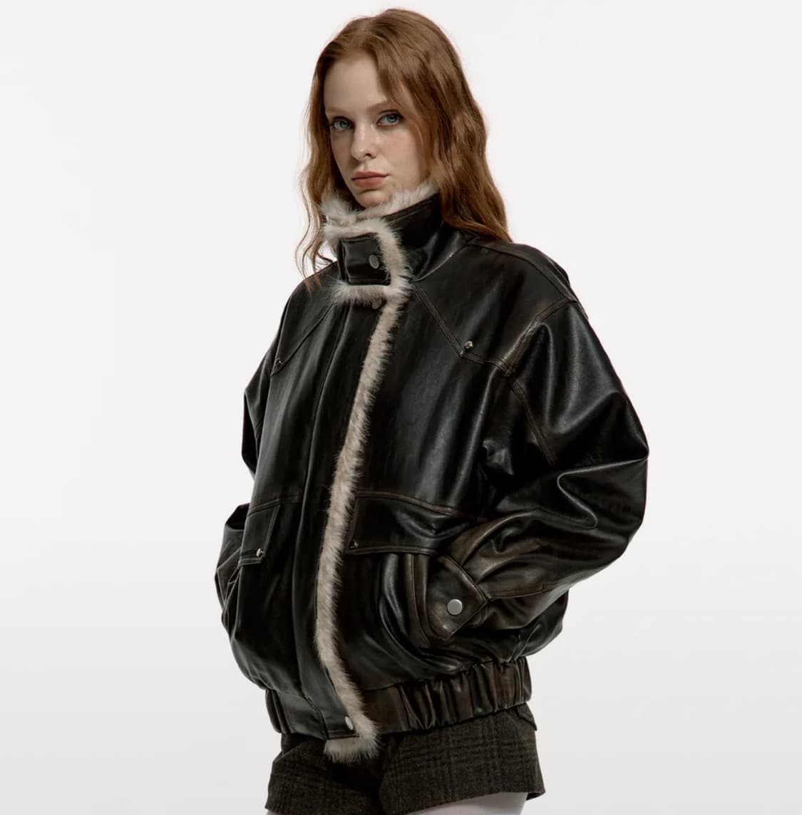 러프넥 무스탕 레더 자켓 상품이미지1