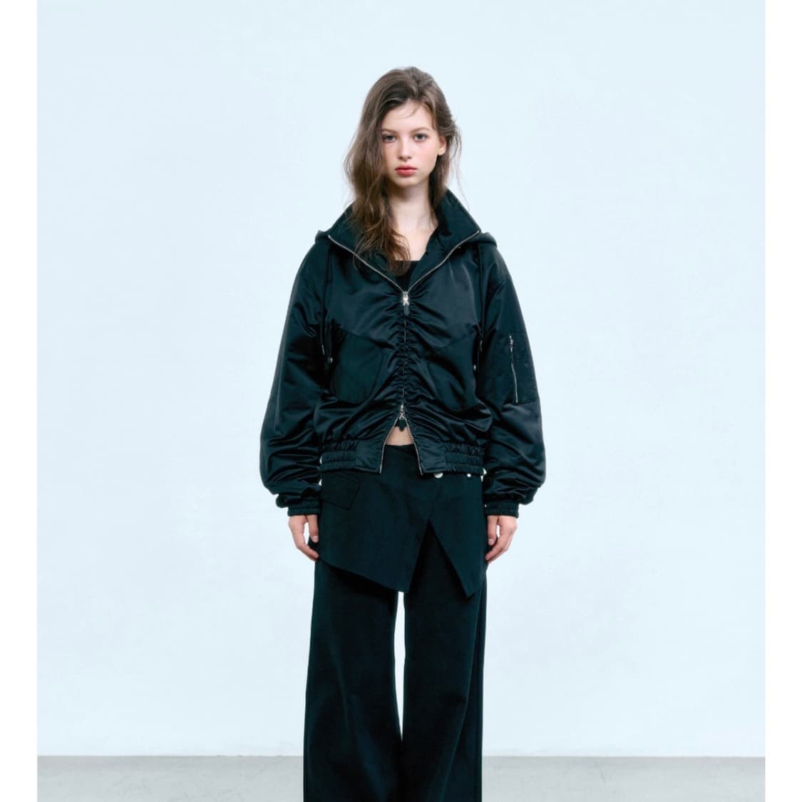 더오유 레트로 새틴 봄버 자켓 블랙 상품이미지1