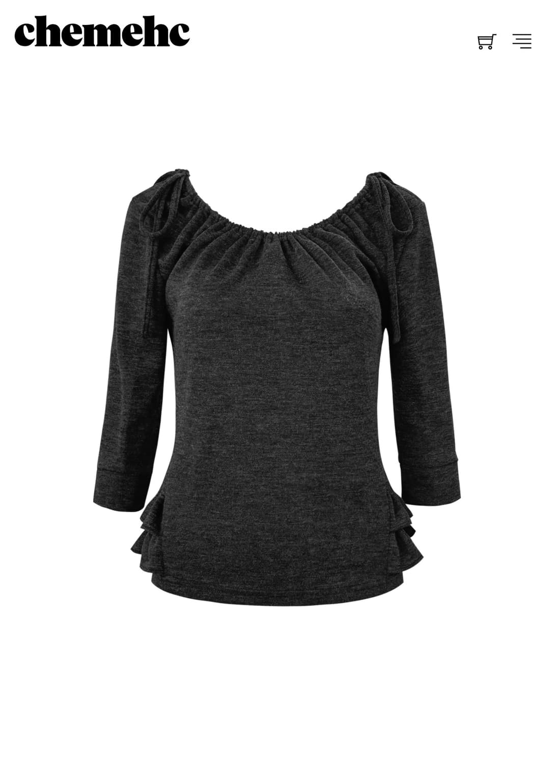 체메씨 SHIRRED MID-SLEEVE FRILL TOP 챠콜 상품이미지1