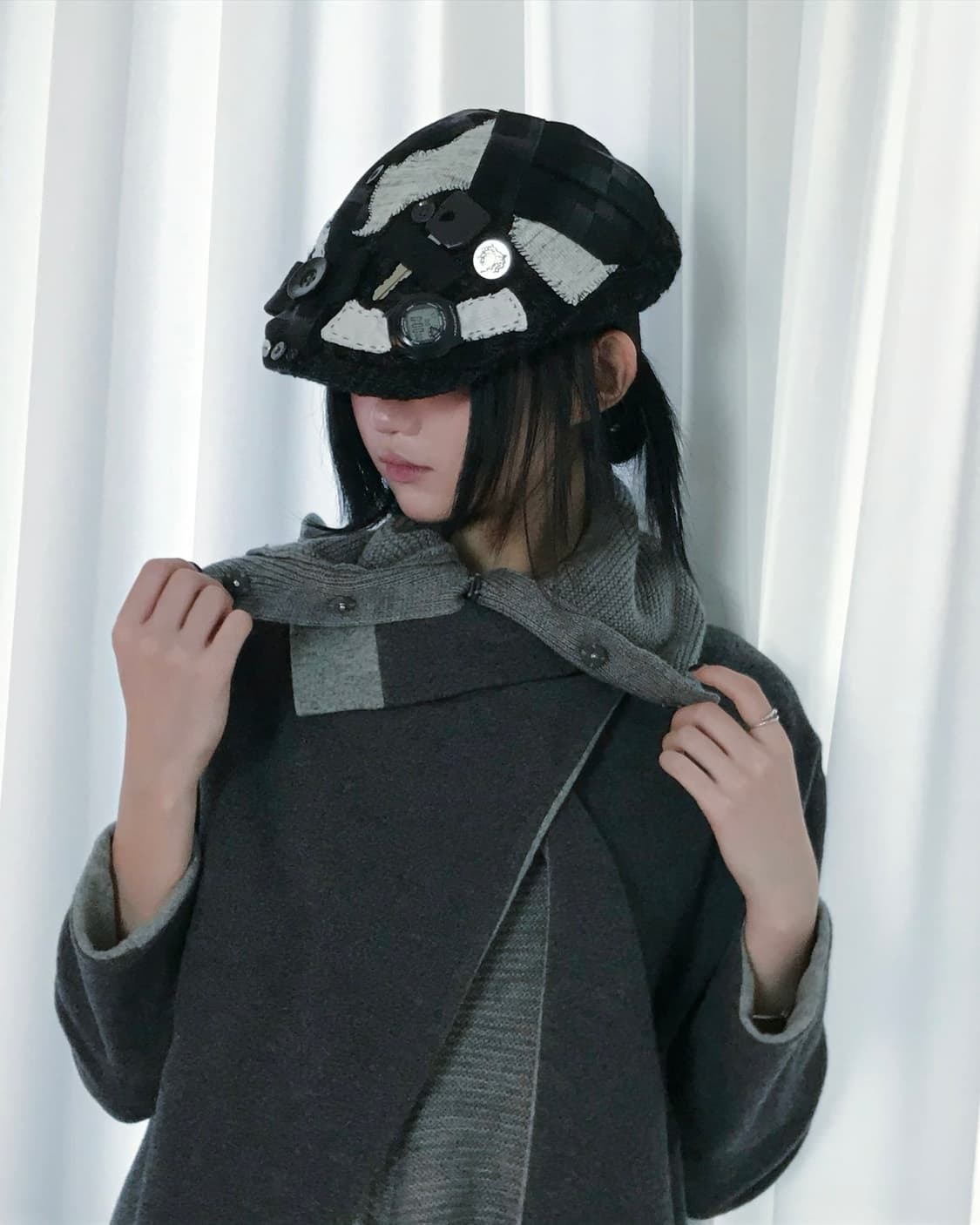 Grey wrap diagonal multi-collar wool top 상품이미지10